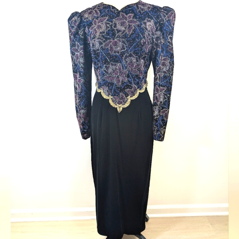 Vintage Scott McClintock 80s Velvet, floral, basque, zip up evening dress. 10.